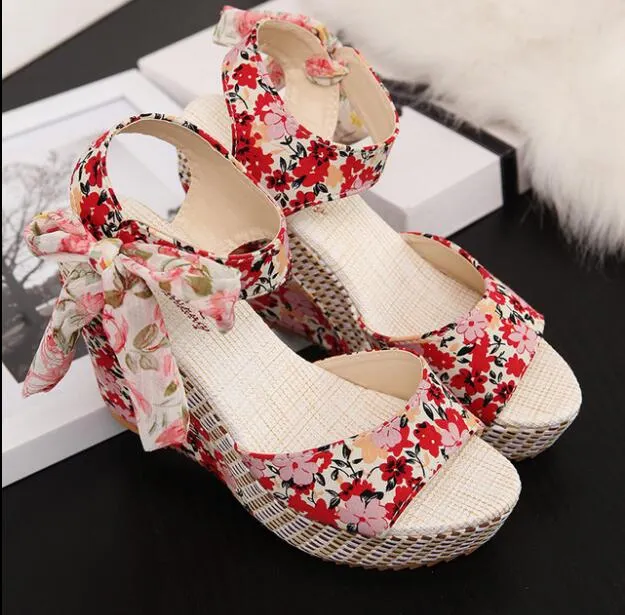 Women Sandals Dot Bowknot Design Platform Wedge Female Casual High Increas Shoes Ladies Fashion Ankle Strap Open Toe Sandals