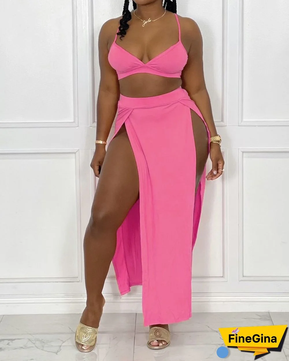 Solid Color Cami Top & Split Thigh Skirt Set