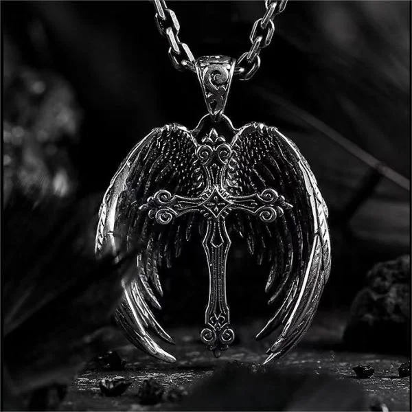 Sterling Silver Dark Blazing Angel Wings Pendant Necklace