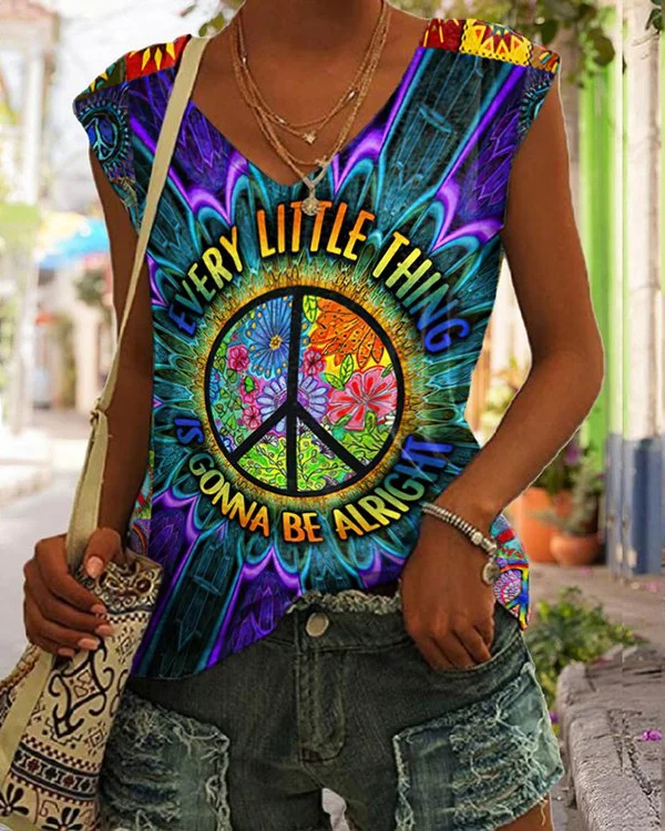 🔥kukelife🔥Hippie Peace Print V-Neck Tank Top