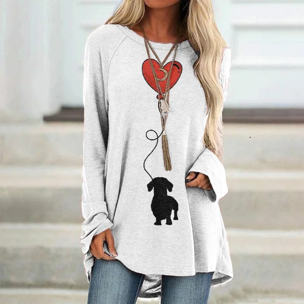 Wearshes Simple Love Dog Print Crew Neck Long Sleeve Tunic