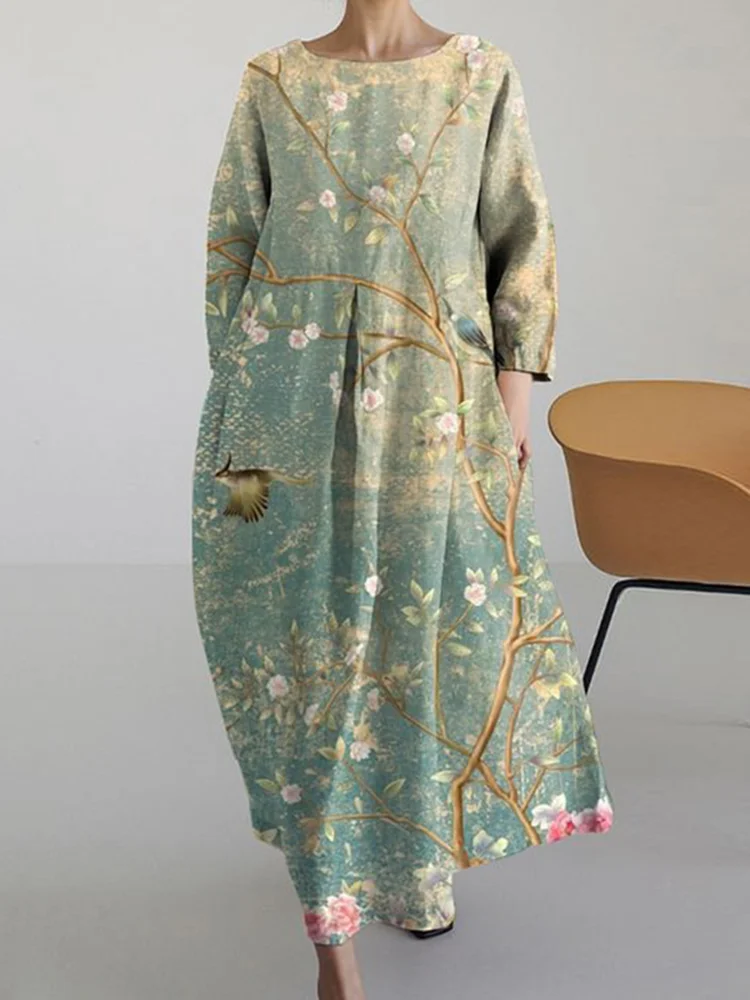 Vintage Floral Print Casual Midi Dress