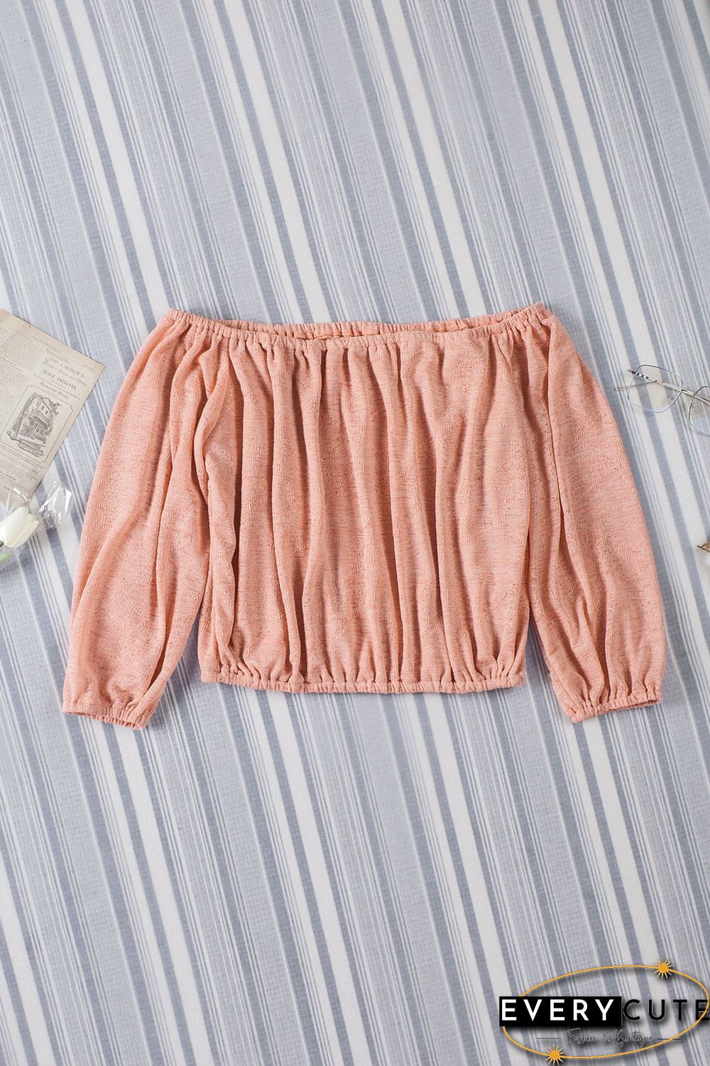 Pink Subtle Jacquard Long Sleeve Off Shoulder Blouse