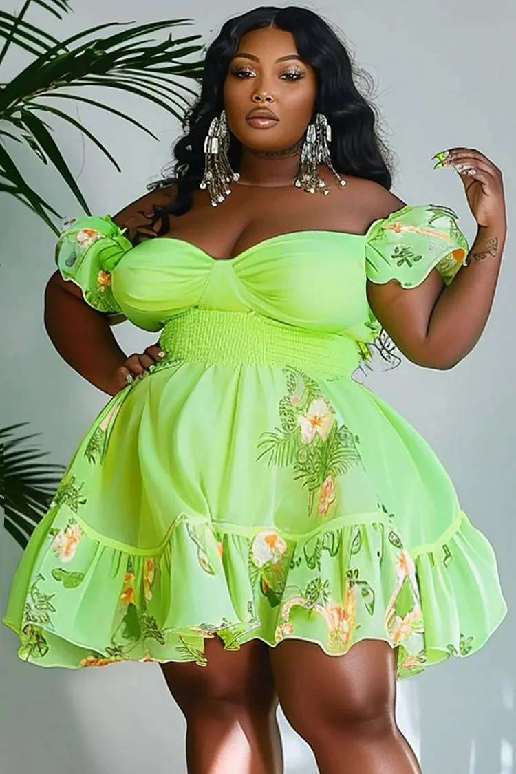 Xpluswear Design Plus Size Vacation Fluorescent Neon Green Floral Off The Shoulder Smocking Organza Mini Dresses