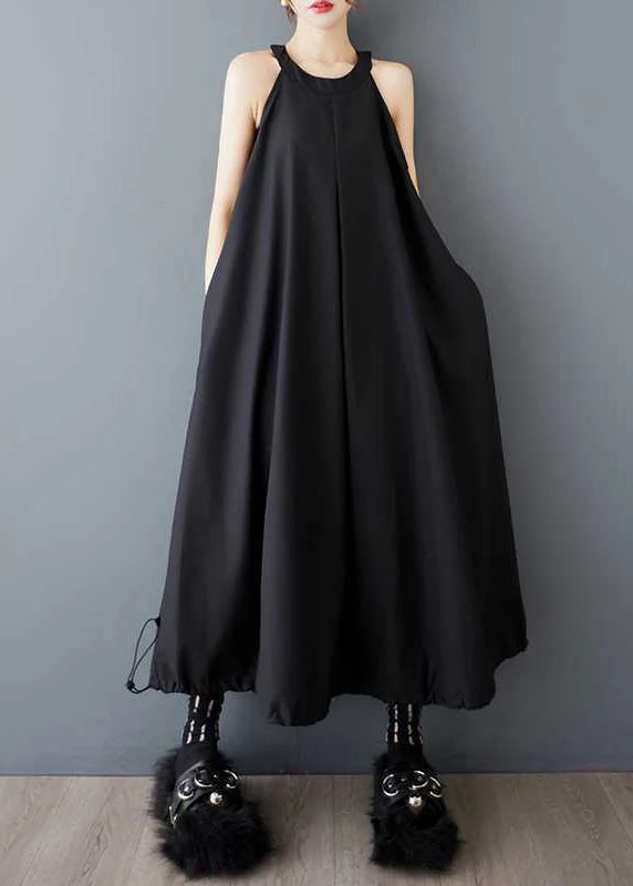 Chic Black O Neck Wrinkled Drawstring Cotton Dress Sleeveless