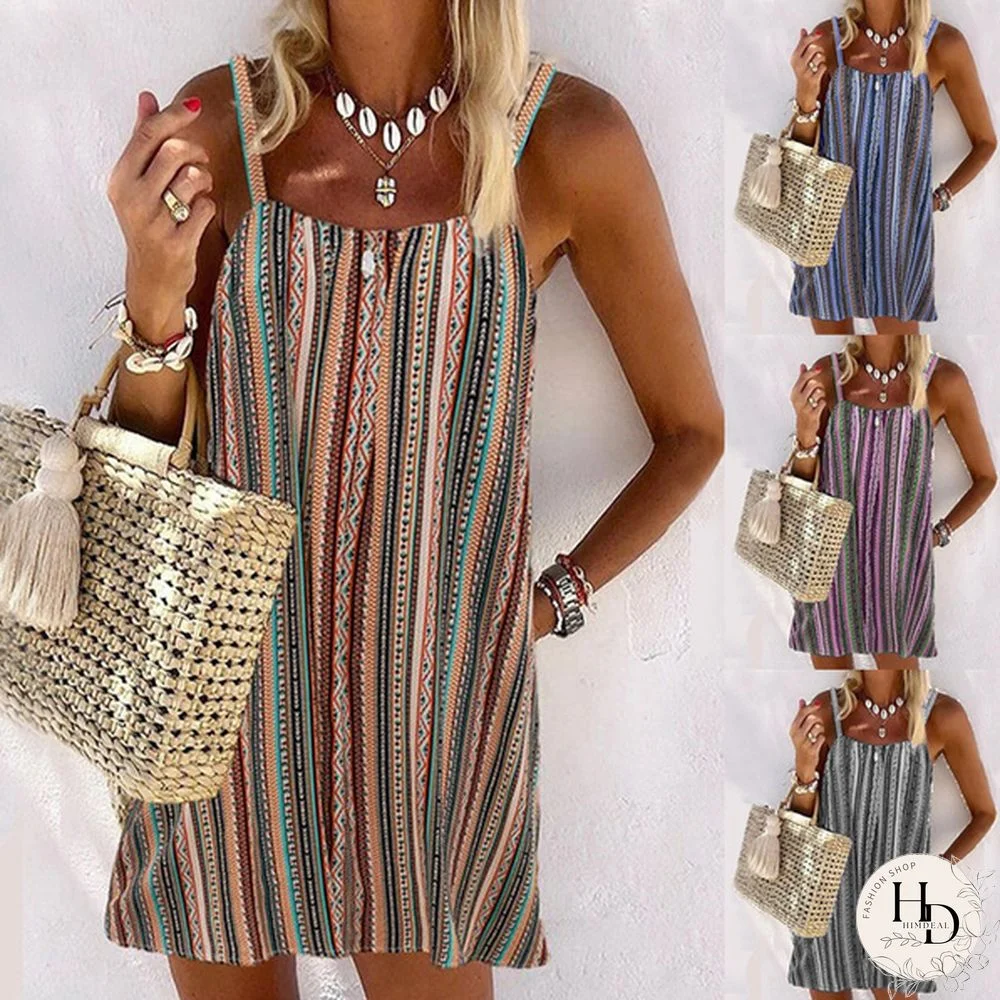 Women's Fashion Loose Casual Stripe Sleeveless Summer Dress Sling Dress Strap Dress Mini Dress