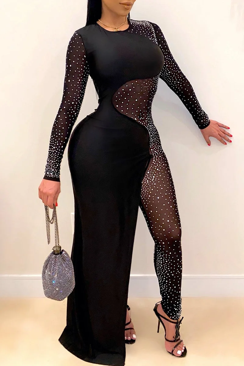 Fashion Sexy Patchwork Hot Drilling See-through Asymmetrical O Neck Skinny Jumpsuits