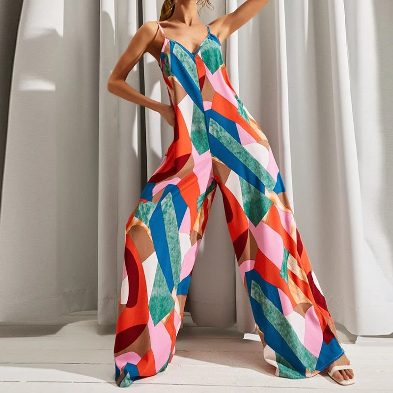 Summer Women Geometric Print Boho Rompers Sexy Lady Sleevelss Wide Leg Beach Jumpsuits Casual Femme Streetwear Overalls Playsuit
