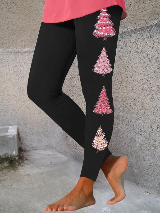 Ladies Pink Christmas Tree Printed Leggings