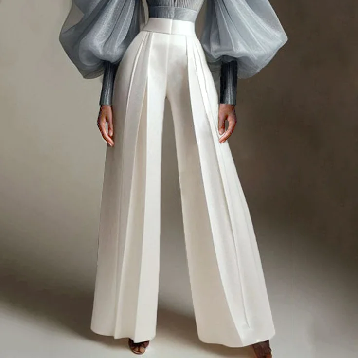 Casual High Rise Pleated Solid Wide Leg Pants