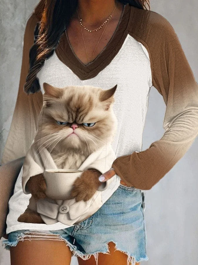 Women's Winter Funny Cute Wonderland Clothingl Clipart Cat Coffee Print Long Sleeve V-Neck Top