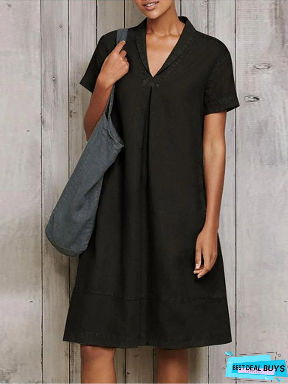 Women's Shift Dress - Short Sleeves Solid Color Summer Elegant Black Army Green Light Blue Linen