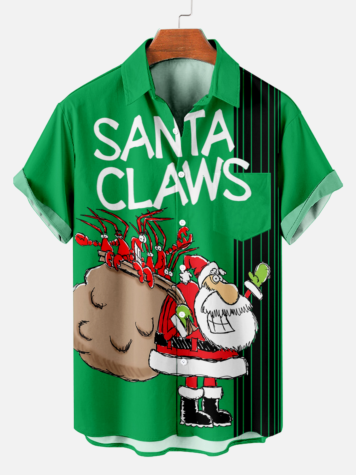 Men's Santa's Paws Letter Print Striped Short Sleeve Shirt PLUSCLOTHESMAN