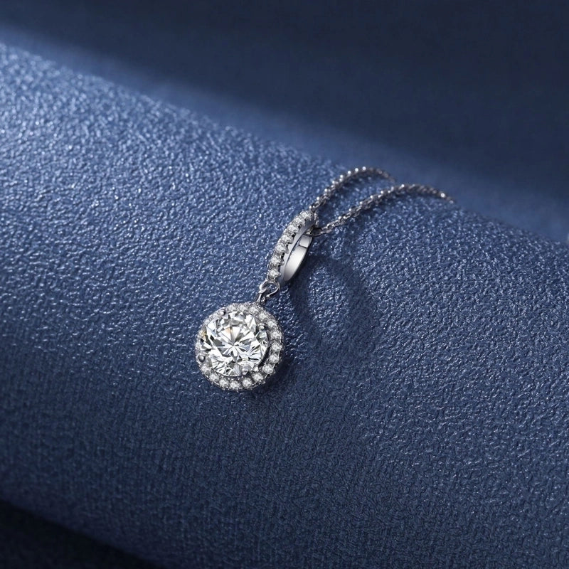 Sterling Silver Moissanite Zircon Round GRA Certificate Pendant Necklace