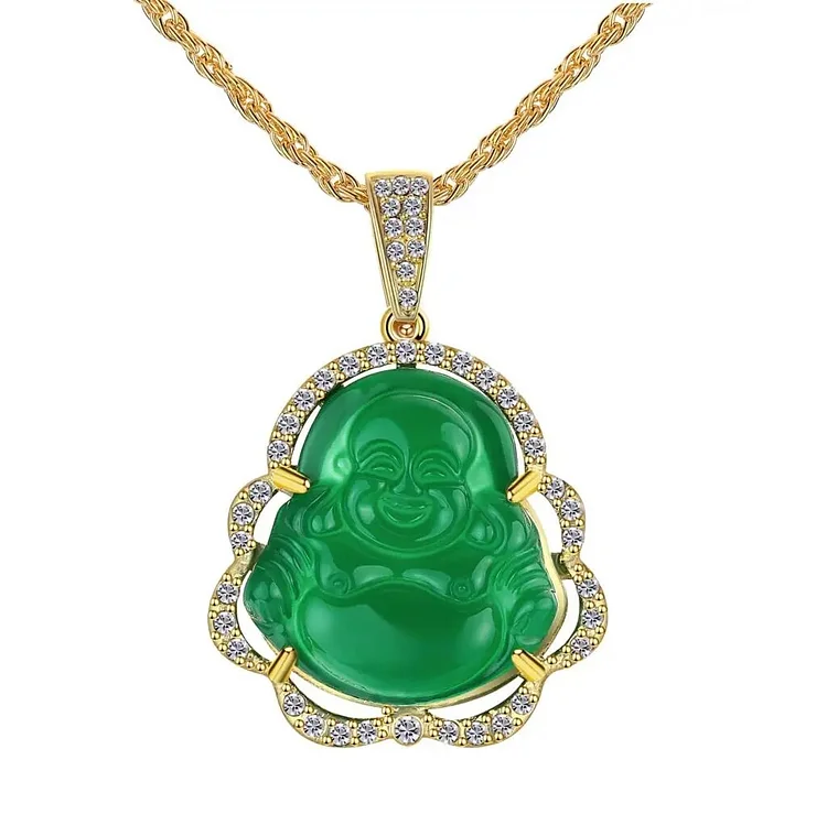 Buddha Delicate Green Jade Pendant Necklace-VESSFUL