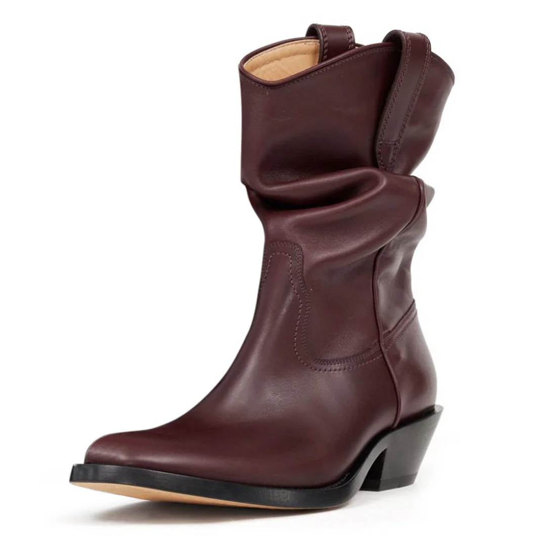 Dark Brown Almond Toe Side Loops Block Heel Silhouette Booties