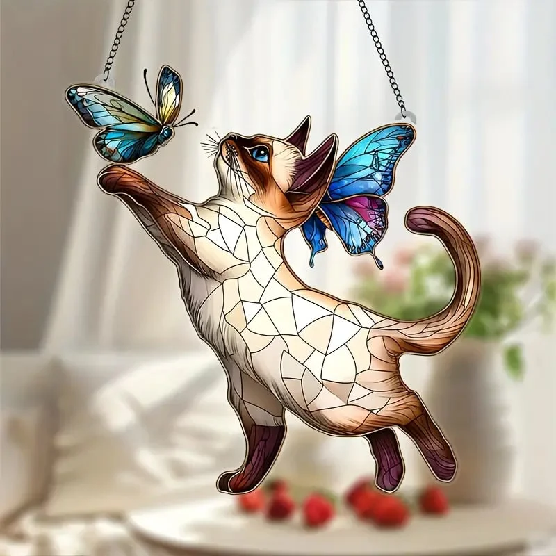 Siamese Cat & Butterflies Stained Art Ornament (8 inches) 