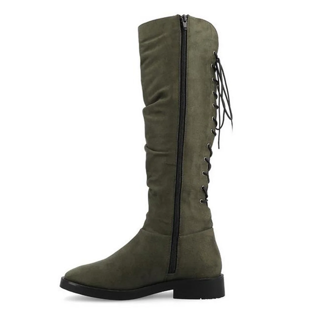 Olive Faux Suede Round Toe Rear Lace-Up Knee-High Boots