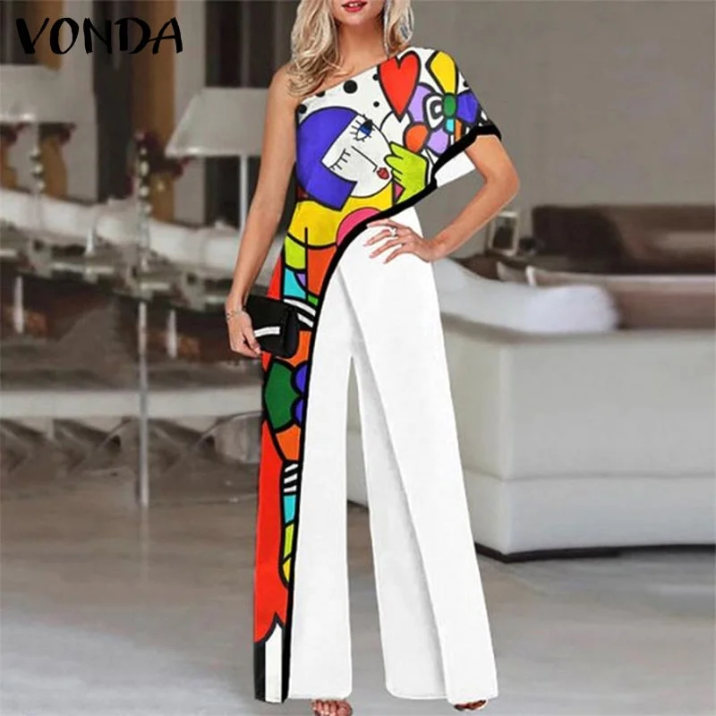 Wide Leg Rompers Casual Palazzo VONDA 2022 Women Playsuits Loose Solid Sexy One Shoulder Jumpsuits Summer Office Party Overalls