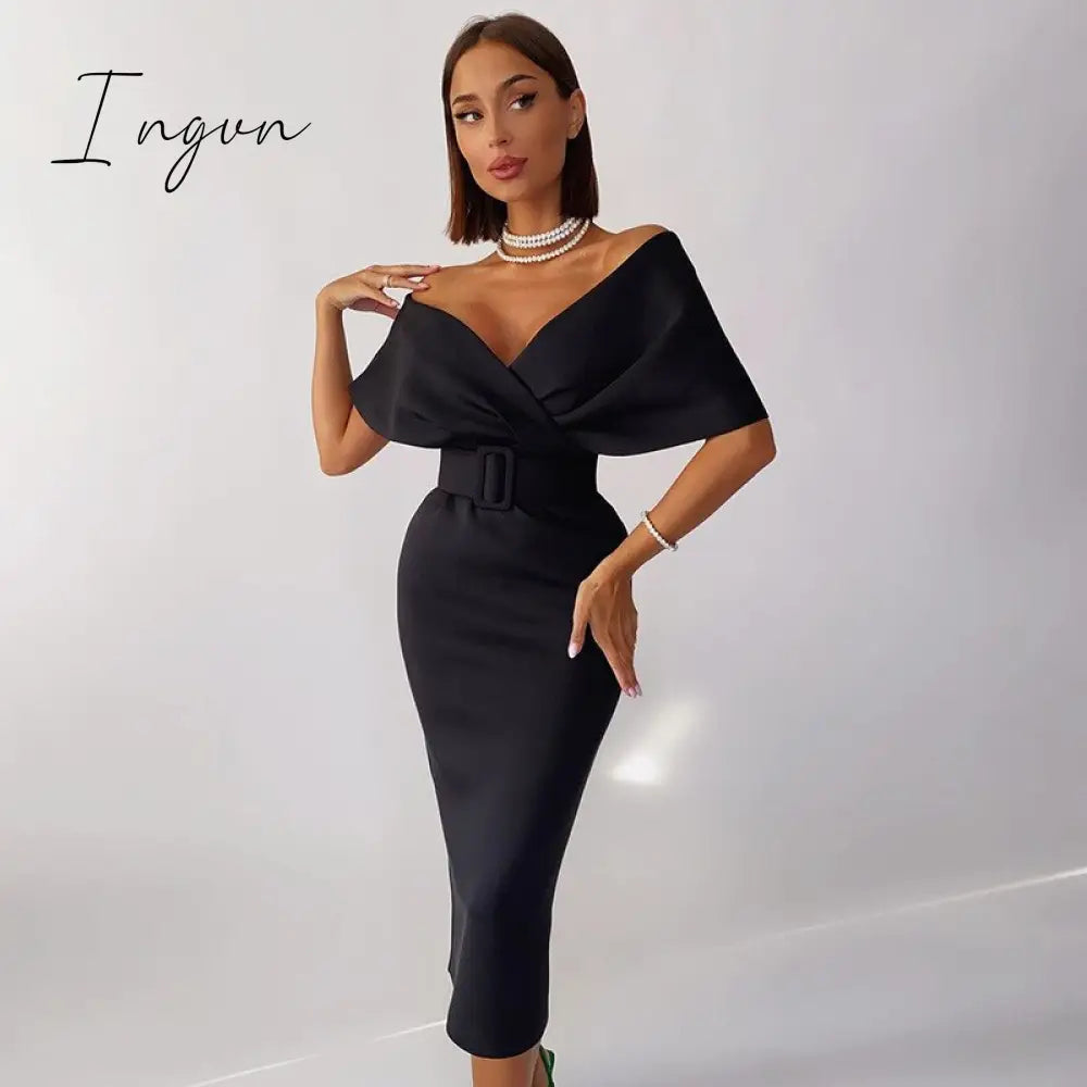 Ingvn - Autumn Elegant Dress Fashion Off Shoulder V - Neck High Waist Belt Slim Party Evening Women