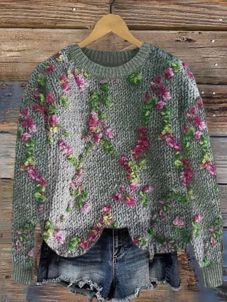 VChics Floral 3D Crochet Cozy Knit Sweater