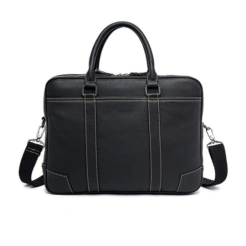 Fine Stitching Dual Top Handle Detachable Sling Strap Zip Top Genuine Leather Briefcase