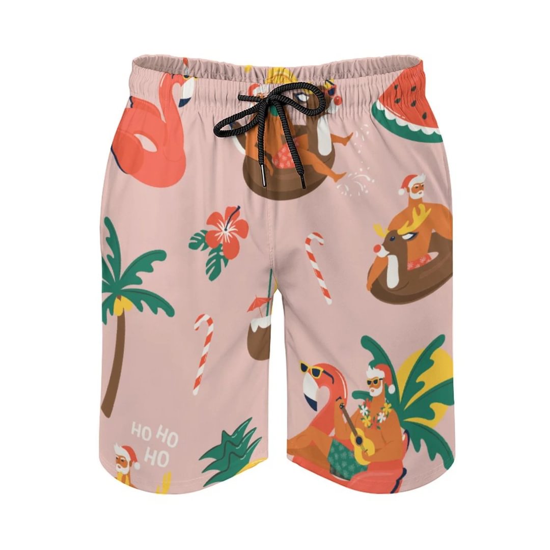 Funny Tropical Christmas Santa Claus Men's Beach Shorts Fast Dry Swim Trunks with Pocket Board Shorts