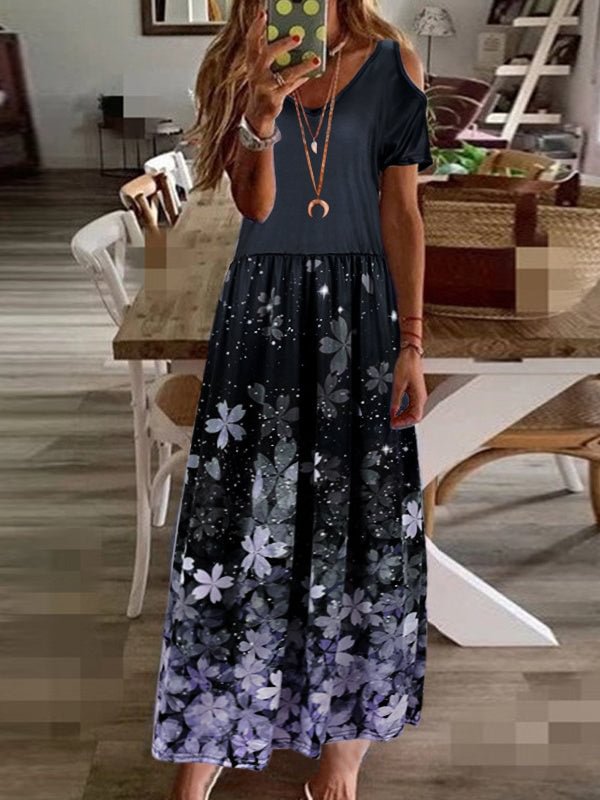 Women Dress Sleeveless V-neck Stitching Floral Printed Maxi Dress