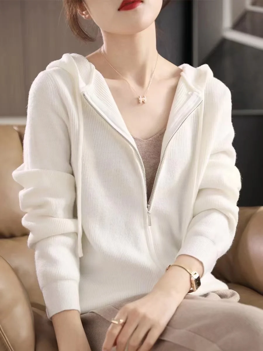 Ueong Autumn And Winter New Japanese And Korean Lazy Style Hooded Zipper Cardigan Women's Loose Thin Sweater Jacket