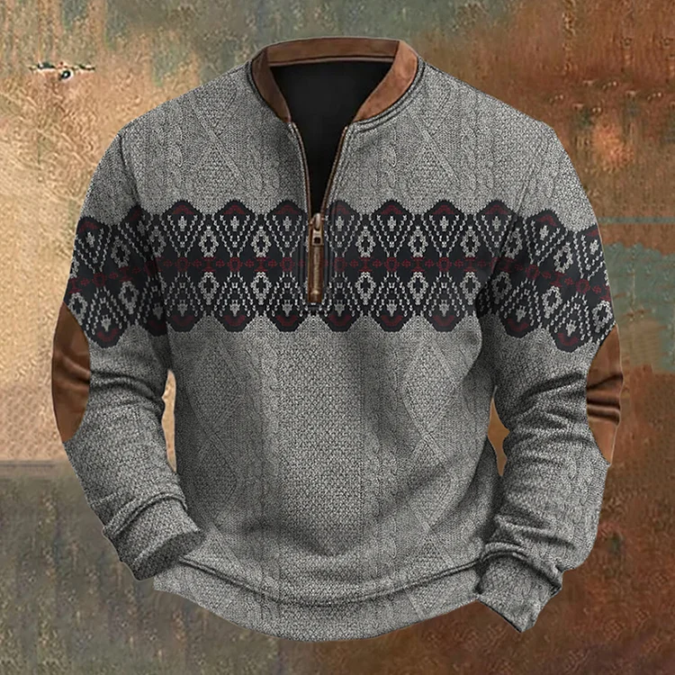 Utbros Retro Western Geometric Pattern Knit Zip-Up Sweatshirt