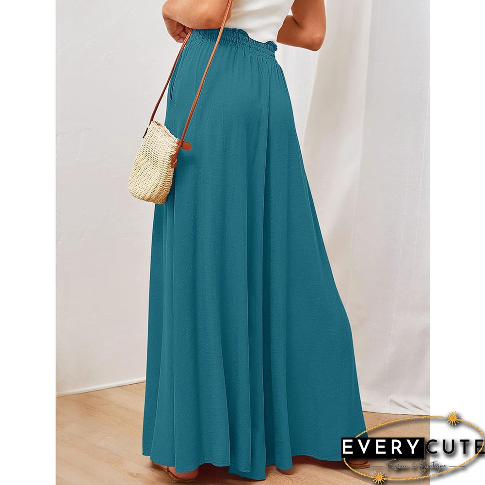 Peacock Blue High Waist Elastic Waistband Long Culottes