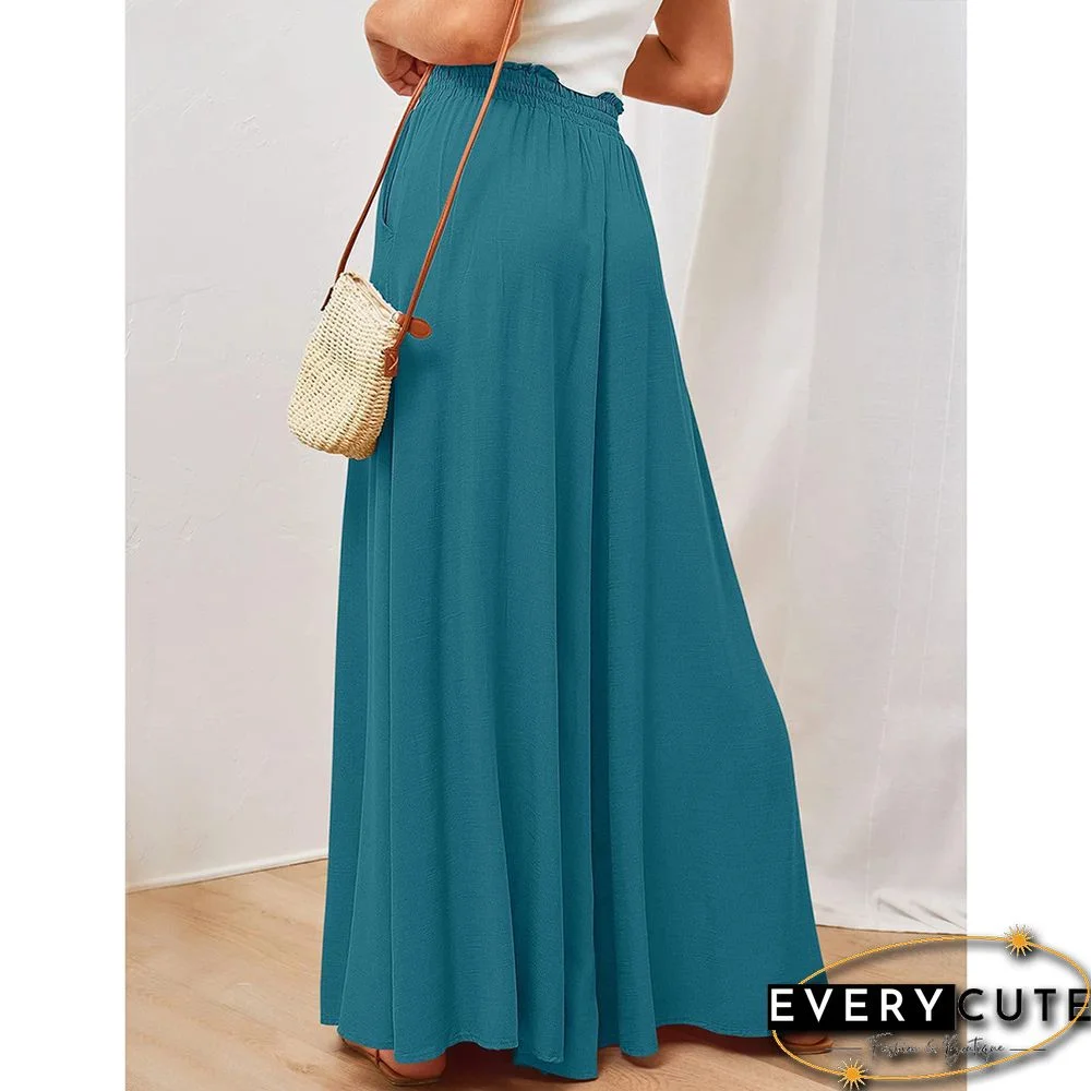 Peacock Blue High Waist Elastic Waistband Long Culottes