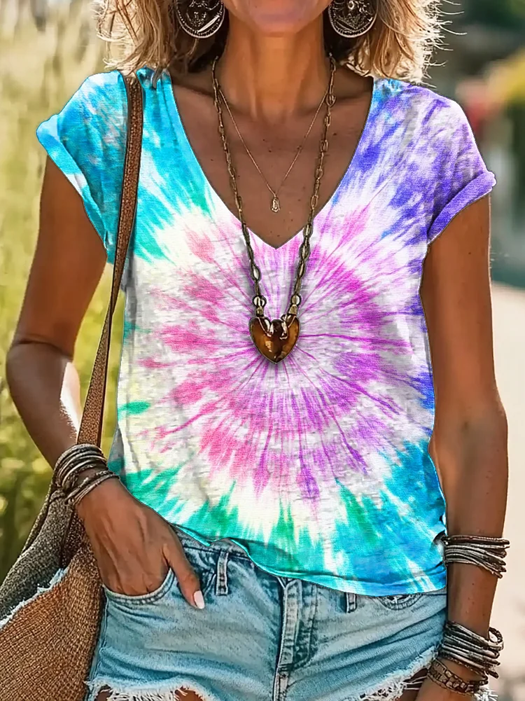Women's Colorful Tie Dye Art Print 100%Cotton V-neck T-Shirt