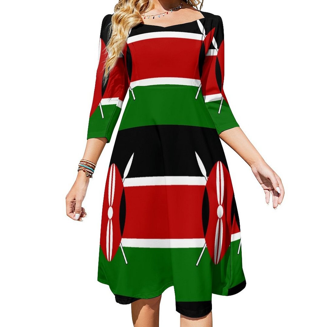 Flag Of Kenya Bendera Ya Kenya Dress Sweetheart Tie Back Flared 3/4 Sleeve Midi Dresses