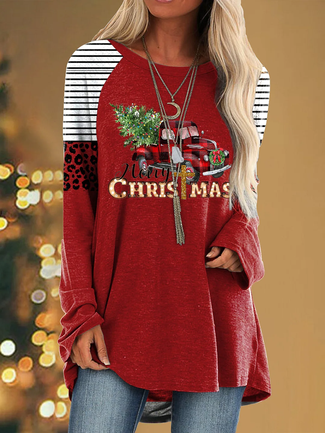 Merry Christmas Truck Print Long Sleeve Tops