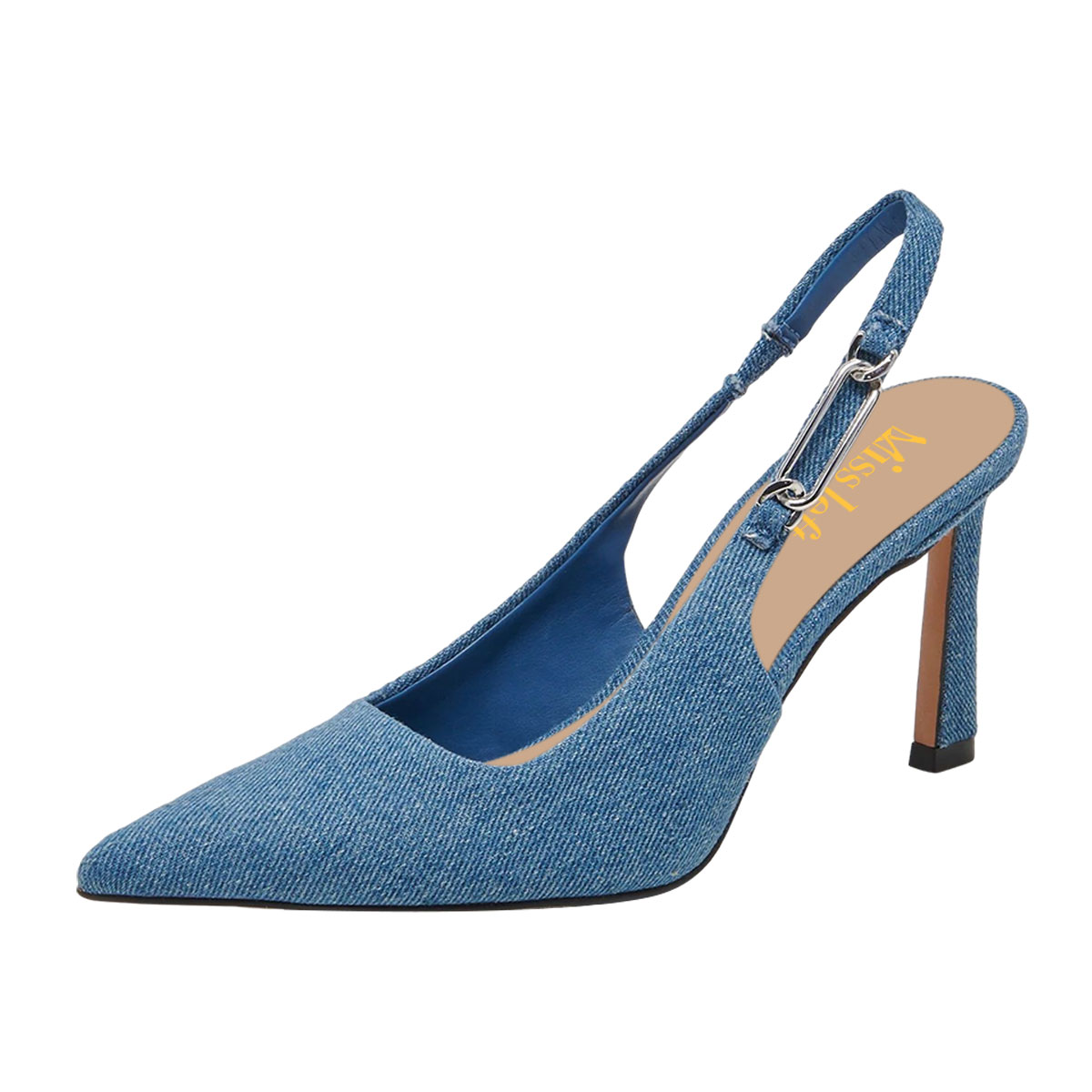 Blue Denim Pointed Toe Stiletto Heel Elastic Chain Slingback Shoes Nicepairs