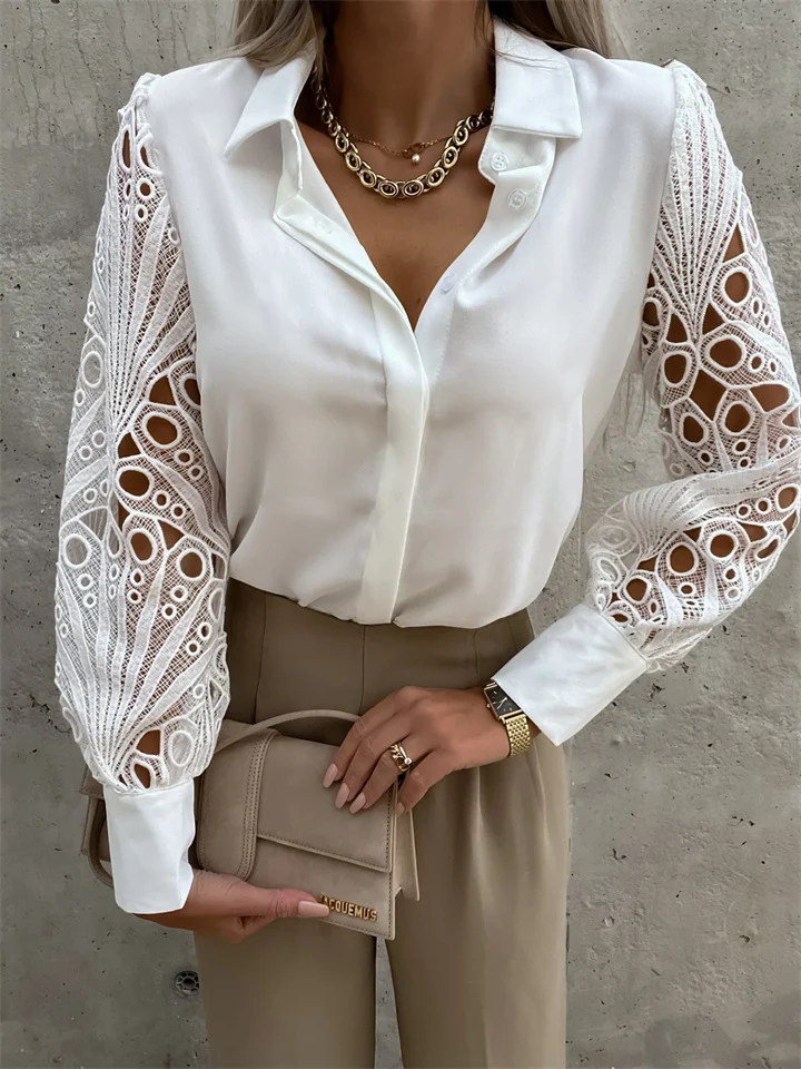 Spring and Summer Women's Solid Color Lace Stitching Shirt Shirt | 168DEAL