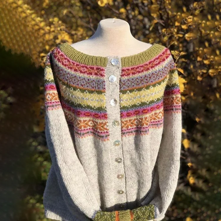 Vintage Geometry Rainbow Button Comfy Sweater