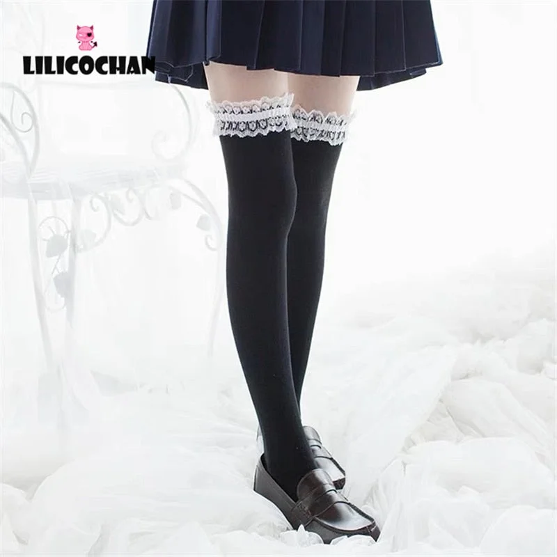 Lolita Stocking Womens Anime Cosplay Maid Girls Lace Top Thigh High Over Knee Leg Warmer Leggings Sexy Cotton Socks Kawaii Style