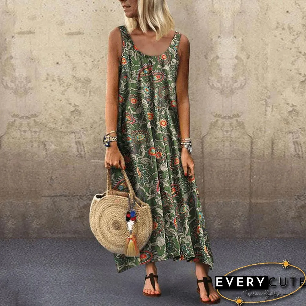 Summer Leisure Vacation Printing Sexy Round Neck Sleeveless Dress