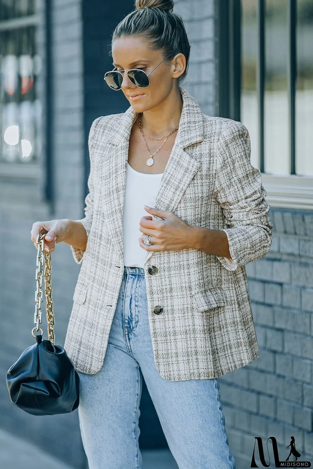 MidiSono - Pockets Lapel Collar Plaid Blazer