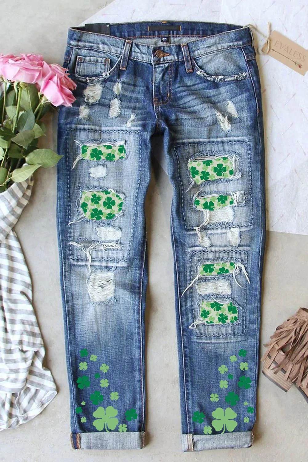 Saint Patrick's Day Clover Ripped Casual Jeans