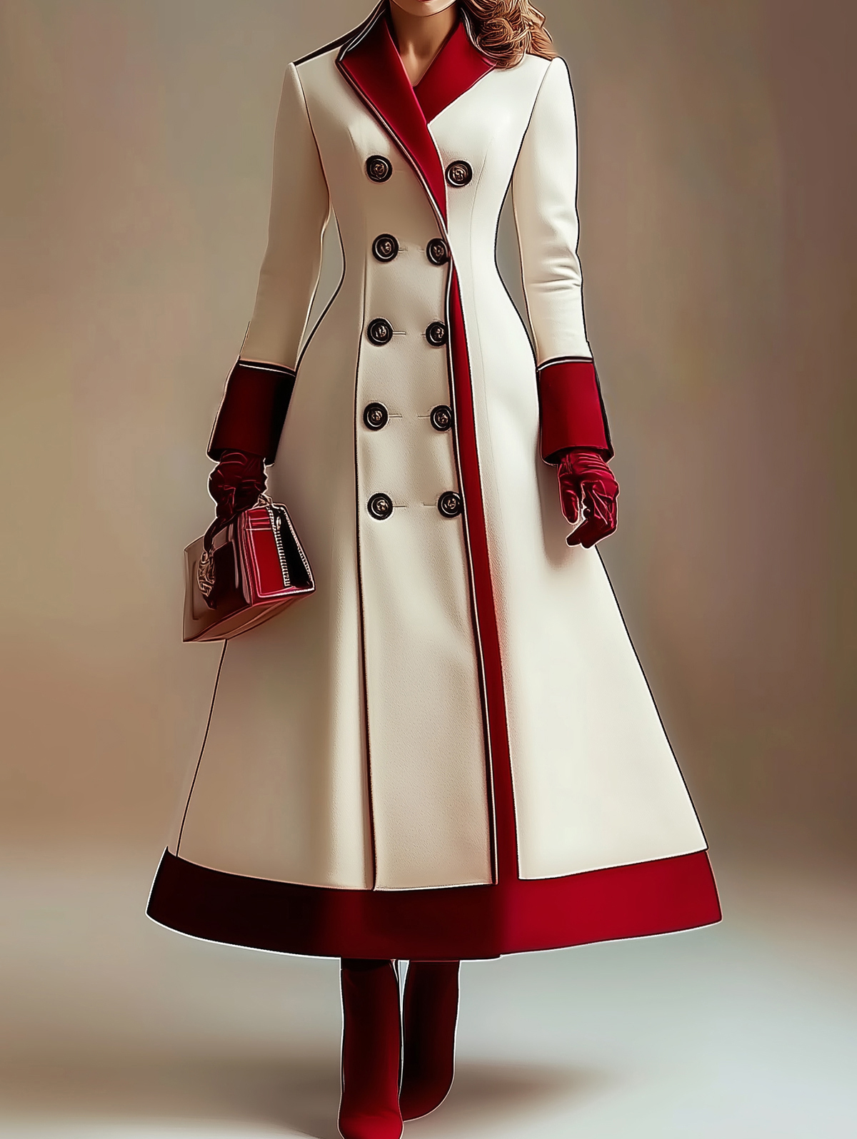 Ursime Formal Contrast Color Lapel Double Breasted Midi Coat Dress