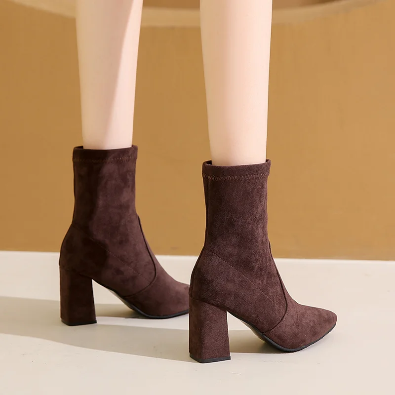 Yyvonne Velvet Short Boots Women Autumn And Winter New Fashion Tips High And Short Boots Thick And Elastic Thin Boots