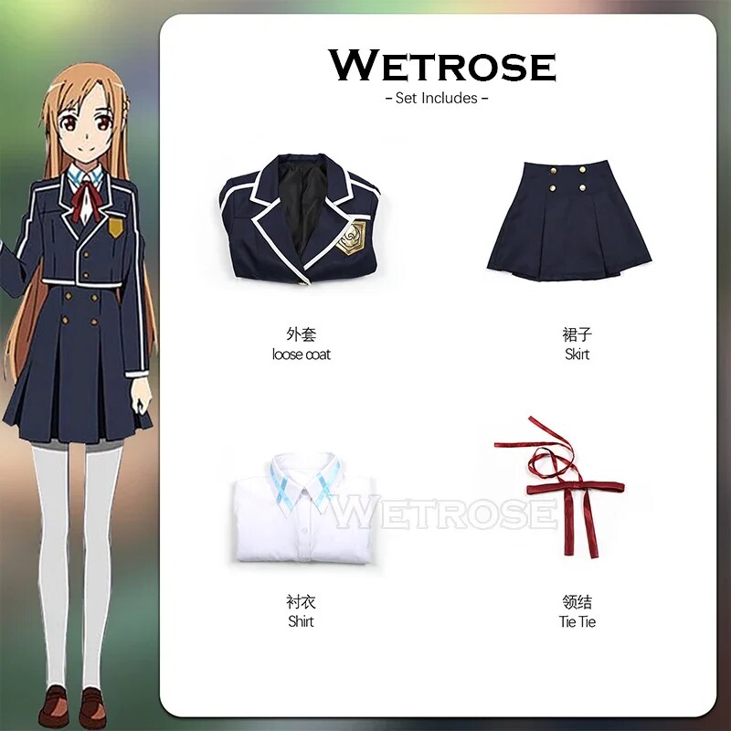 [Wetrose] In Stock Yuuki Asuna SAO Sword Art Online Cosplay Costume School Uniform Wig Full Set