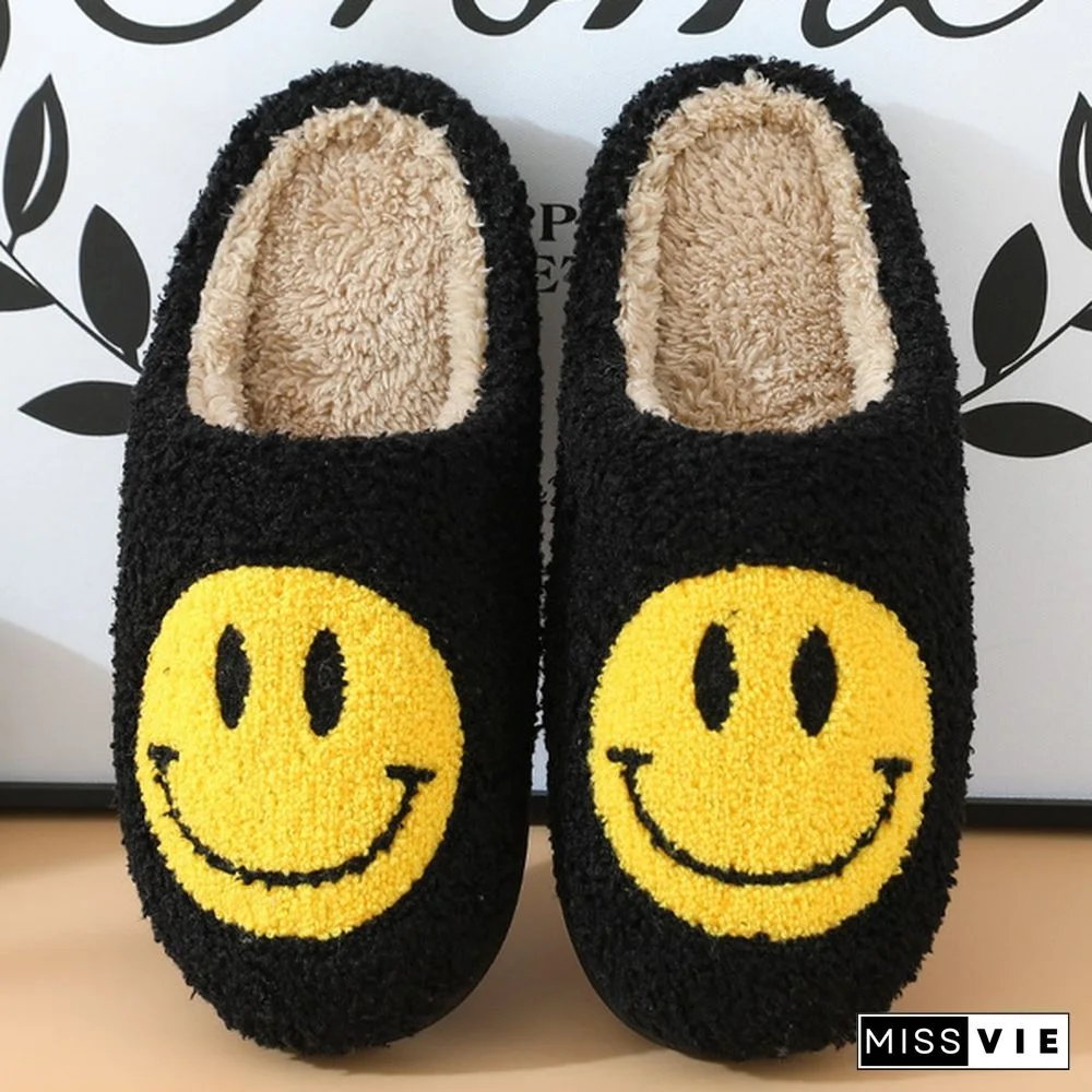 Winter House Girls Fur Slippers Cute Smiley Pattern Women Fluffy Slippers Winter Warm Bedroom Ladies Cotton Plush Shoes Plus Size