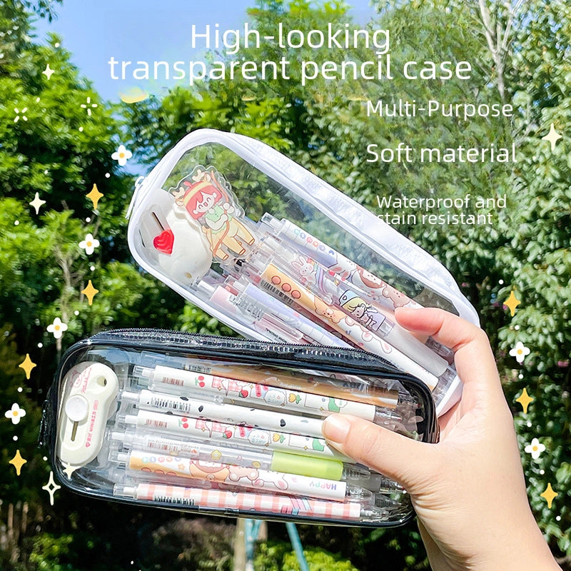 Korean Style Transparent PVC Waterproof Pencil Case For Students New Stationery Bag Large Capacity Girls' Storage Cosmetic Bag