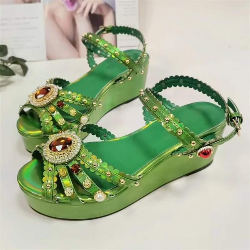 VCSHOES Diamond Rhinestone Buckle Sandals Women High Platform Wedges Ankle Strap Rivet Embellished Party Shoes