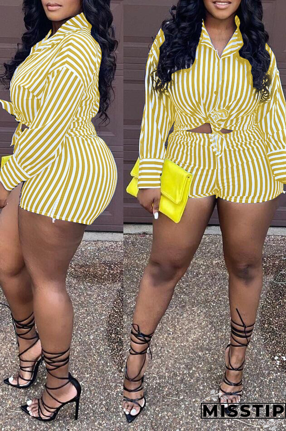 Green Casual Striped Patchwork Turndown Collar Long Sleeve Two Pieces