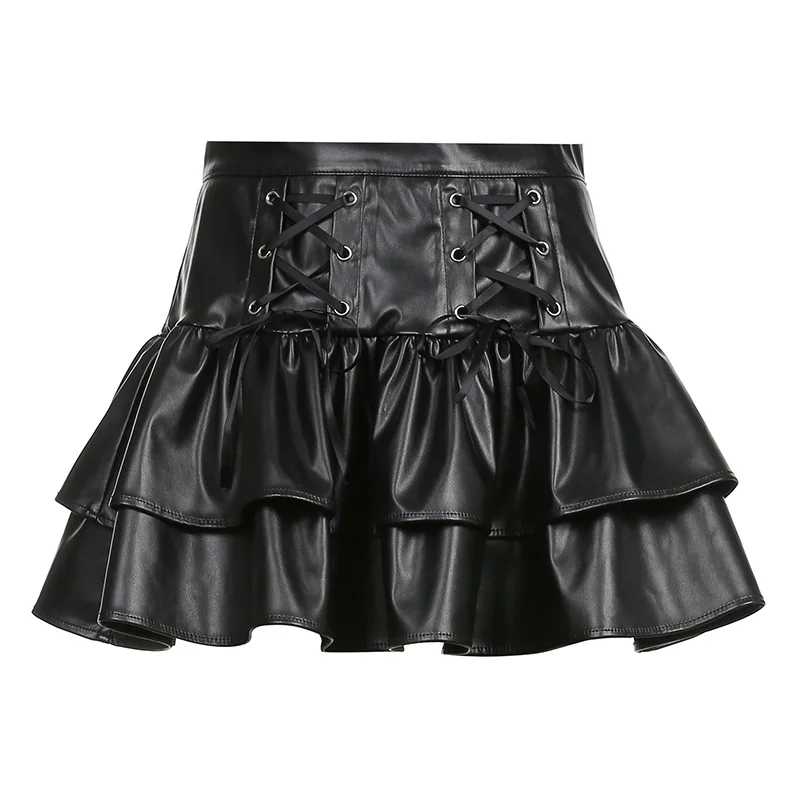 Ueong Girl Sexy High Waist Skirt 2023 Street Dark Wind Belt Waist Show Thin Pleated Skirt Half-Body Leather Skirt Woman